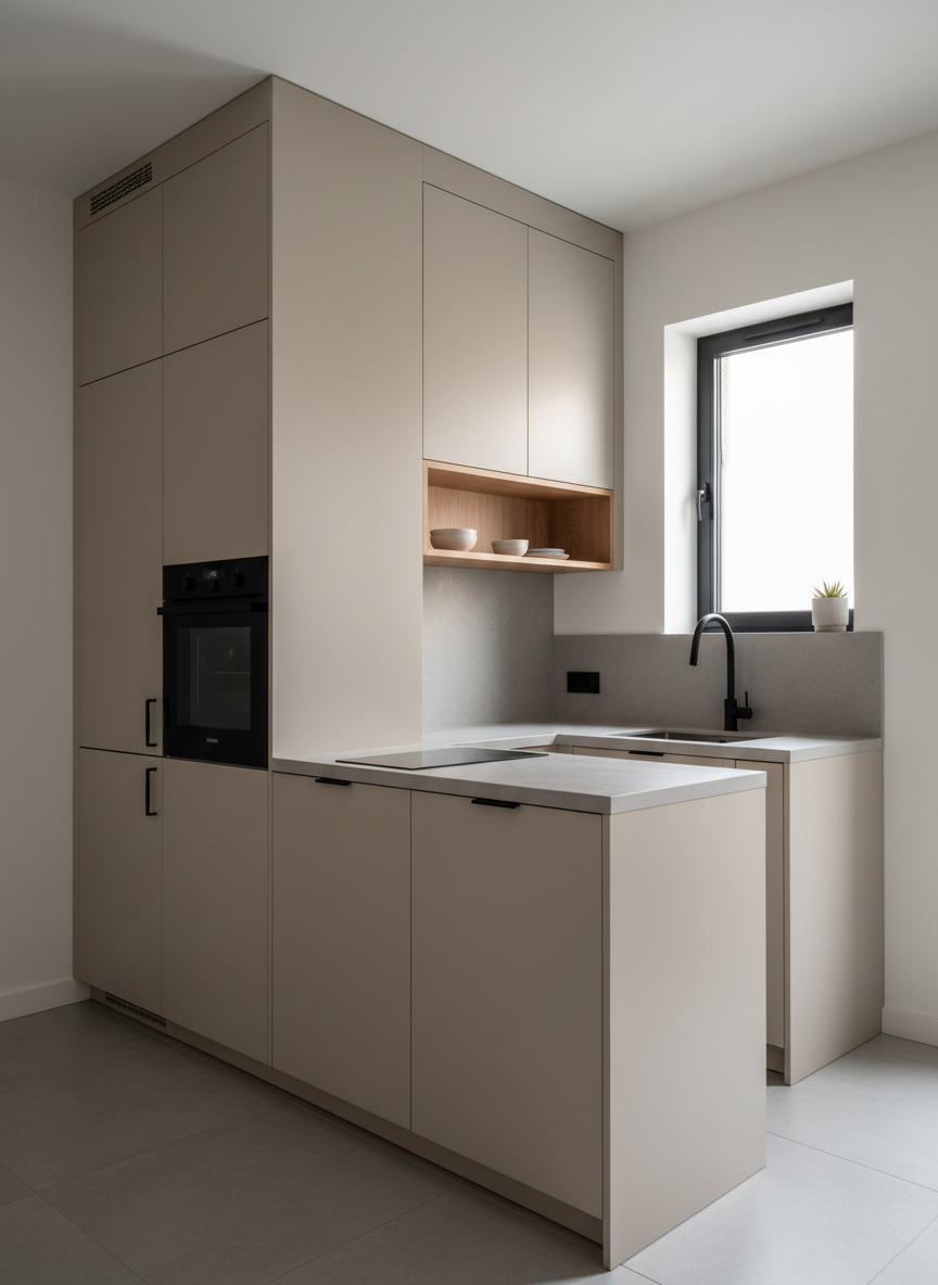 A compact, fully renovated city apartment kitchen optimized for functionality, with carefully planned storage and clean aesthetics. Tall, matte sand-colored cabinets reach the ceiling, concealing integrated appliances, while a narrow, light oak open shelf breaks the vertical mass with warmth. The countertop is a durable, concrete-look surface with a slim profile, continuing seamlessly into a backsplash. A small, black-framed window above the sink lets in soft, natural daylight that gently reflects on the satin cabinet fronts. The space is captured from an oblique angle in photographic realism, with balanced composition and sharp focus, conveying intelligent use of limited space and the professional, tailored approach of the renovation.
