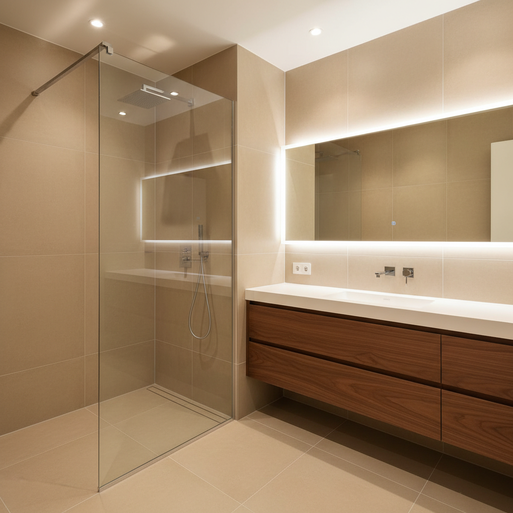 A high-end, fully renovated bathroom showcasing a walk-in, frameless glass shower with linear drain, large-format matte porcelain tiles in warm beige, and a floating walnut vanity with integrated white solid-surface sink. A backlit, rimless mirror spans the width of the wall, casting a soft, even glow onto the textured tiles. Subtle recessed ceiling spots provide additional, targeted illumination, creating a spa-like ambiance. The chrome fixtures are minimalist and precise, their polished surfaces reflecting the clean geometry of the space. Shot from a slightly elevated angle in photographic realism, with sharp detail on grout lines and edges, the atmosphere feels serene, hygienic, and meticulously planned, emphasizing premium bathroom renovation quality.