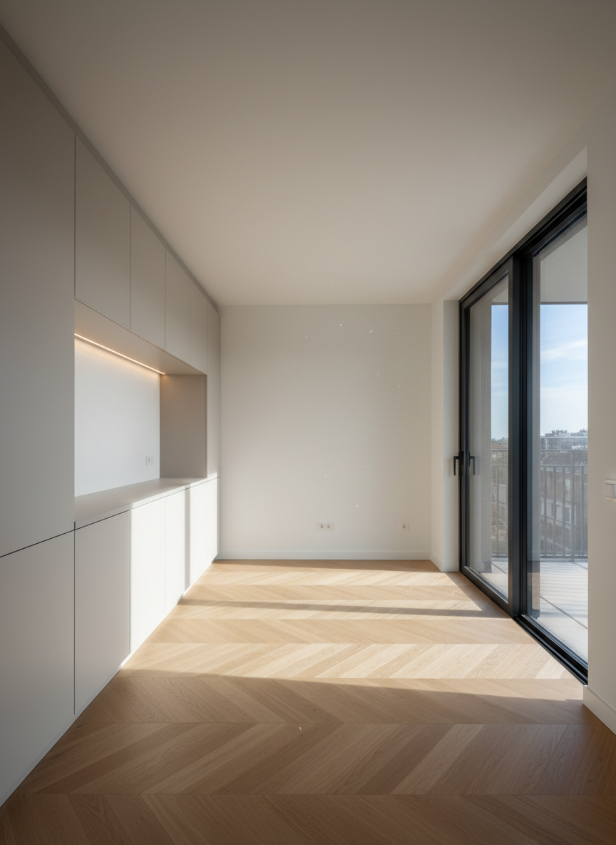 A meticulously renovated modern living room interior, featuring a seamless combination of matte white walls and warm light oak parquet flooring. A built-in, handleless wall cabinet in soft greige stretches along one side, with recessed LED strip lighting washing subtly down its surface. Large, black-framed sliding glass doors open to a balcony, their reflections crisp in the spotless glass. The space is completely uncluttered, emphasizing clean lines and refined craftsmanship. Afternoon natural light floods in, creating gentle shadows and a calm, professional atmosphere. Photographed at eye level with sharp focus throughout, in photographic realism, highlighting the precision of renovation work and the harmony of aesthetics and functionality, perfectly suited for a premium renovation firm homepage hero image.