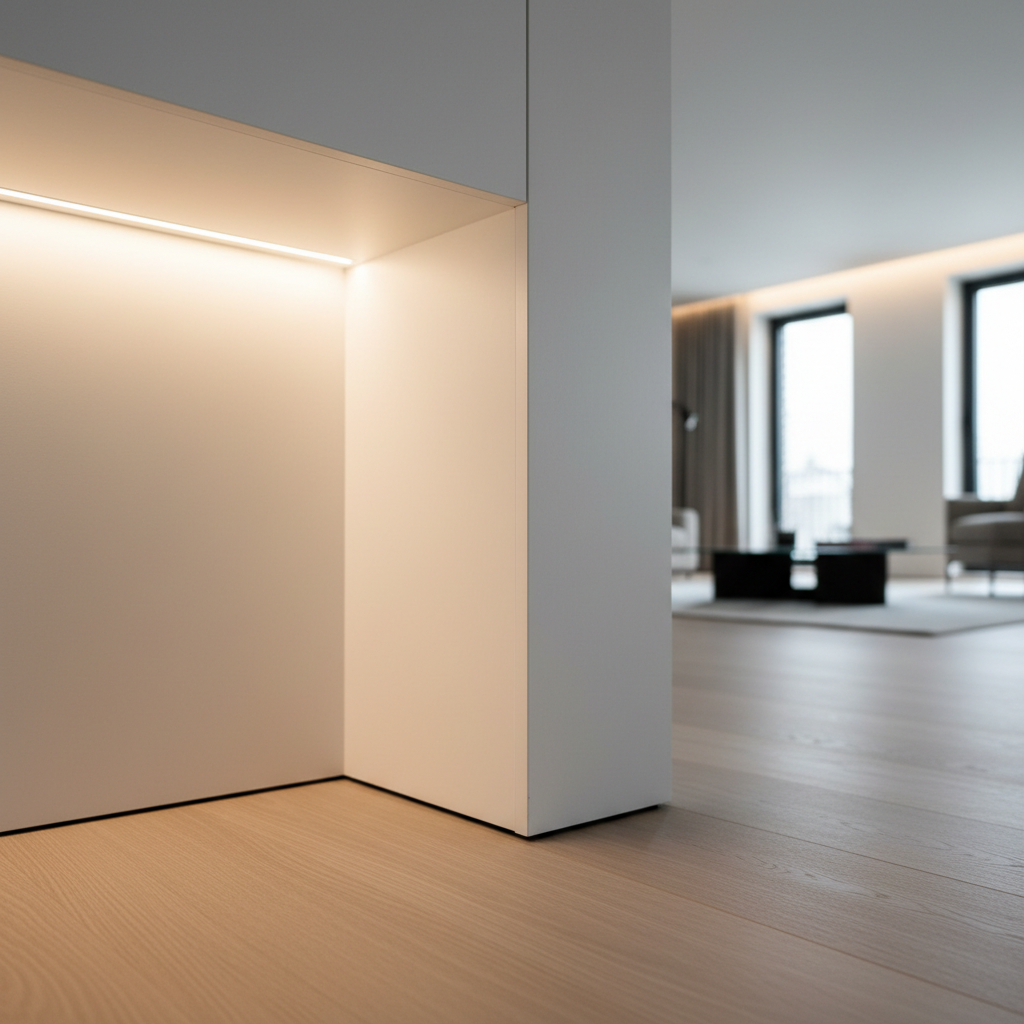 A detailed close-up of a renovation detail in a living space: the seamless junction where a custom-built, matte white gypsum board wall meets a light oak floor with a minimalist shadow gap skirting. The textures of the perfectly painted wall, the fine wood grain, and the precise metal profile of a concealed LED strip recessed into the ceiling are all crisply visible. Soft, indirect warm light from the cove lighting washes down, creating delicate gradients and emphasizing craftsmanship. The background falls gently out of focus, suggesting a larger, refined interior. Captured in photographic realism with a shallow depth of field and side lighting, the mood is sophisticated and technical, ideal for highlighting the quality and precision of renovation finishes.