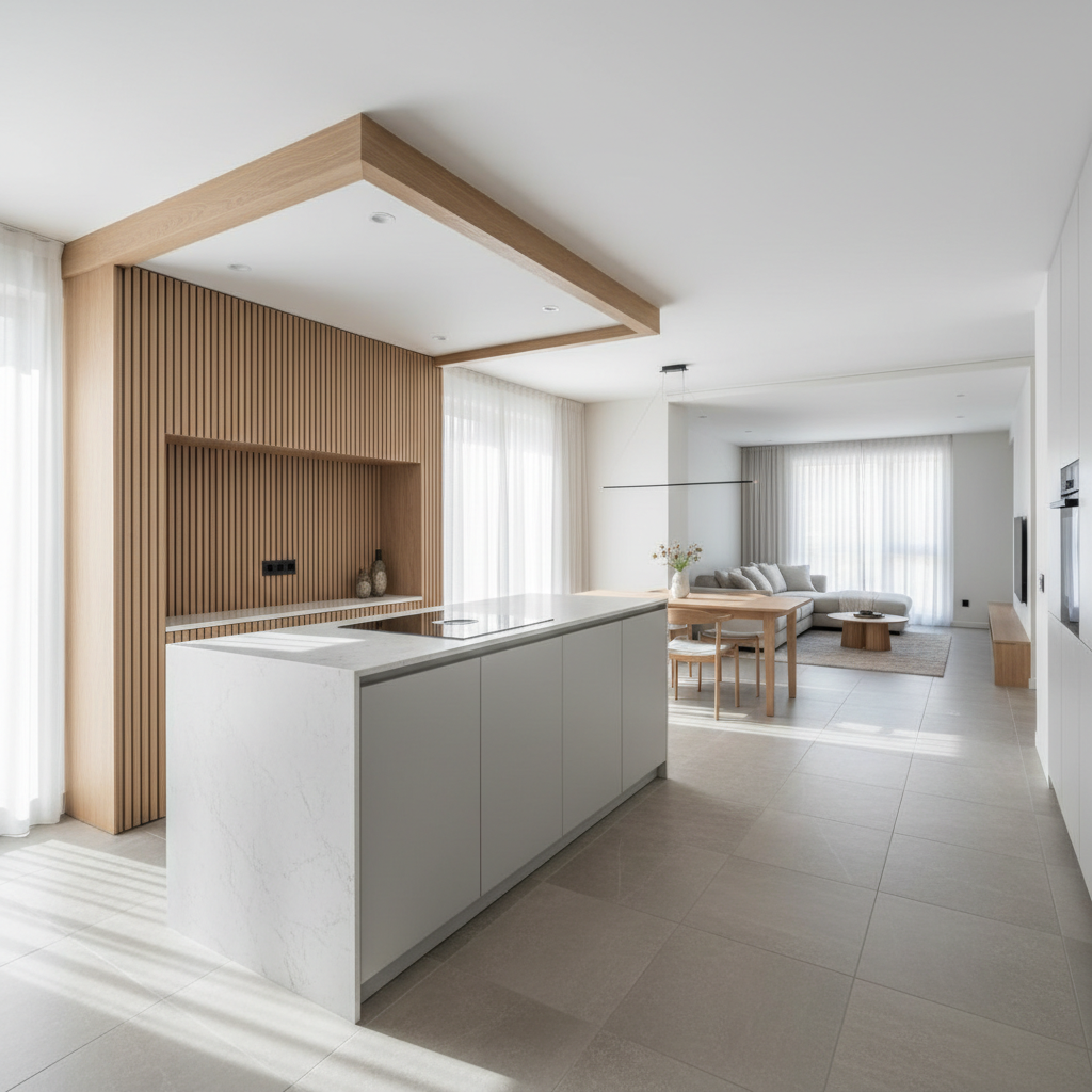 A bright, open-plan apartment interior after complete renovation, with a unified design language connecting the kitchen, dining, and living zones. The kitchen features a slim island in pale gray with a thin, white stone countertop and integrated induction hob. Adjacent, a built-in niche with oak slats adds texture, continuing as a ceiling detail toward the living area. Large, continuous-format porcelain tiles in a soft stone look run throughout, visually expanding the space. Floor-to-ceiling windows on one side bathe the area in diffused daylight, casting soft, elongated shadows. The mood is modern, functional, and inviting. Photographed with a wide-angle lens at eye level in clean, photographic realism, emphasizing spatial flow and the holistic approach of professional renovation design.