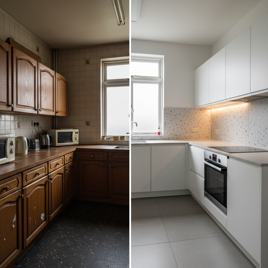 A split-view interior scene showing a kitchen before and after renovation within the same frame. On the left, an outdated, dark, and cramped kitchen with worn tiles and mismatched cabinets; on the right, a transformed, sleek space with matte white handleless cabinets, a light gray quartz countertop, and a full-height backsplash in subtle terrazzo. Under-cabinet LED lighting creates a refined glow on the new surfaces. The composition is symmetrical, with a vertical dividing line clearly separating old and new. Overcast daylight from a window softly illuminates both sides, enhancing the contrast in materials and craftsmanship. The mood is aspirational and professional, captured in photographic realism with medium-wide angle, emphasizing the transformative power of expert renovation.