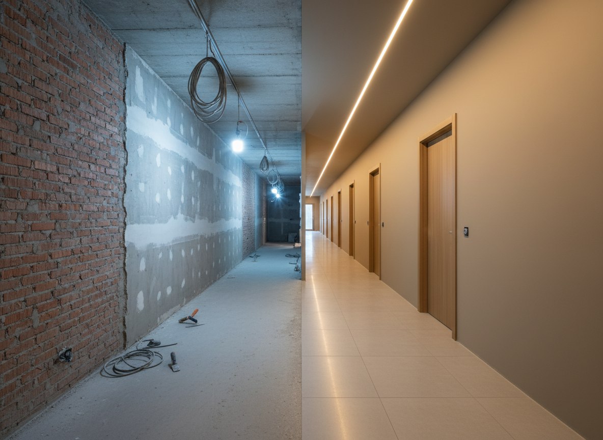 A partially renovated interior corridor, where one half of the space is in raw renovation phase and the other half is fully finished. On the left, exposed brick, visible electrical conduits, and unfinished plaster show the technical backbone of the project. On the right, smooth painted walls, integrated flush doors, and a continuous LED ceiling strip define the completed design. The same corridor line runs through both halves, aligning floor levels and ceiling heights. Cool, even construction site lighting gradually transitions into warm, ambient finished lighting along the corridor. Shot in photographic realism from a central vanishing-point perspective, the image conveys process, professionalism, and the journey from rough construction to refined interior.